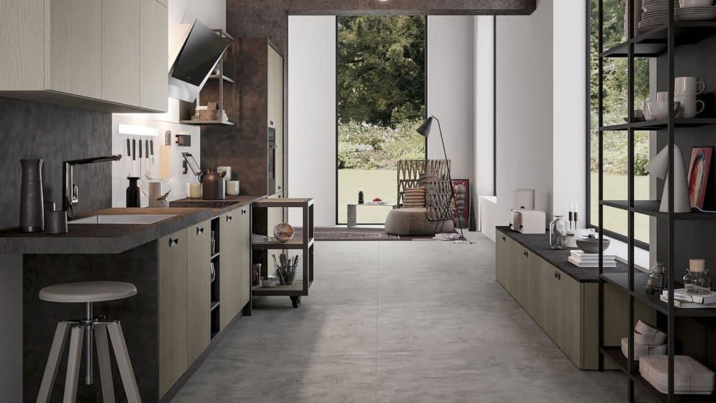 cuisine style industrielle bois foncé gris en couloir