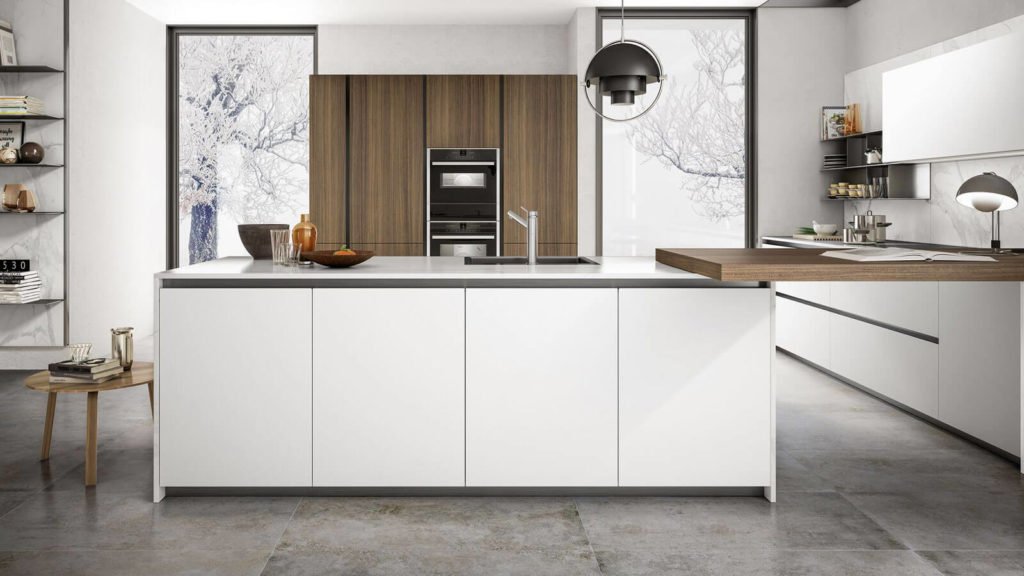 cuisine design blanche et bois avec ilot central