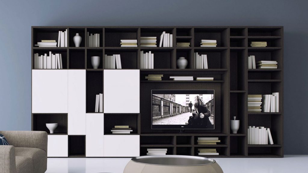 meuble tv bibliothèque blanc bois foncé