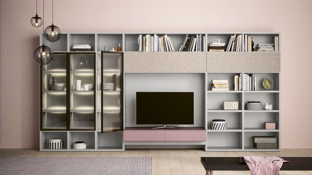 meuble tv bibliothèque rose et gris