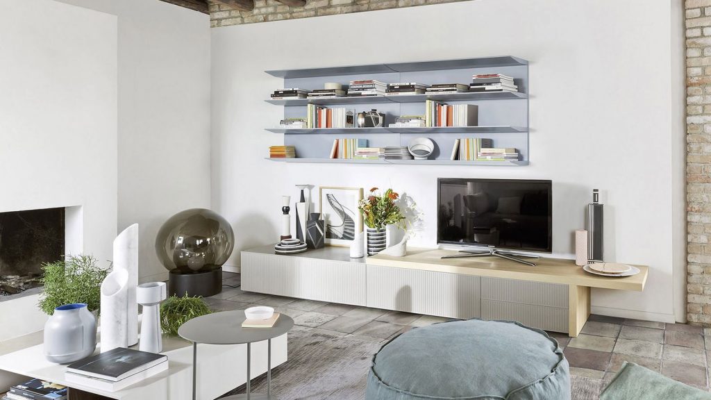 meuble tv design sur mesure bleu beige