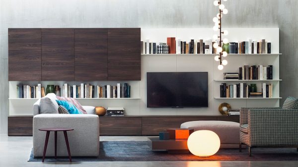 meuble tv mural bois foncé blanc