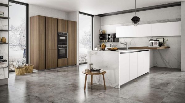 cuisine design blanche marbre et bois